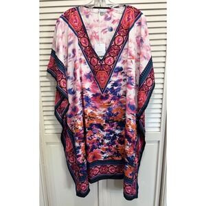 Tamsy Pink/Multi Floral Chiffon Short Sleeve Cover Up One Size Light Flowy NWT